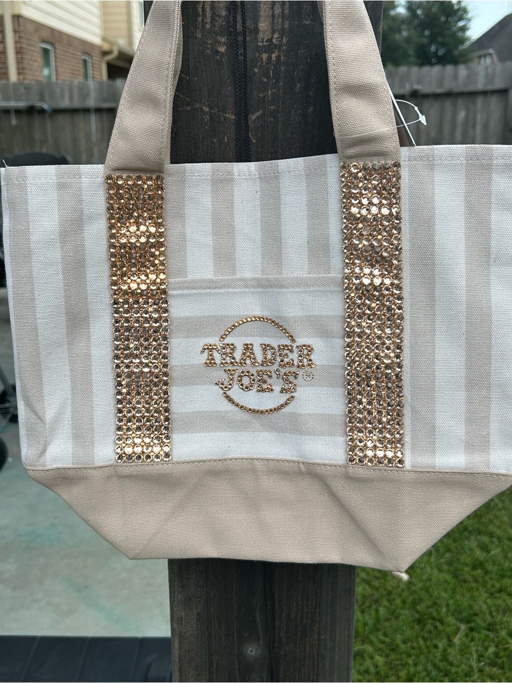 Trader Joe’s Beige & White Striped Tote with Gold Crystal Accents